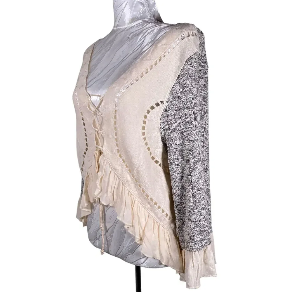 NWT Sage Boho Open Lace Front Ruffle Peasant Coquette Cream Gray Top Size Small - Picture 16 of 16